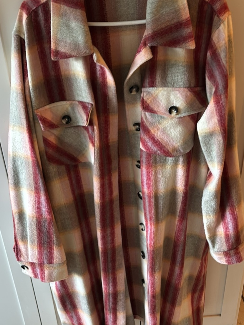 Kismet Plaid Utility Jacket in Red, Cream, and Gray, long style